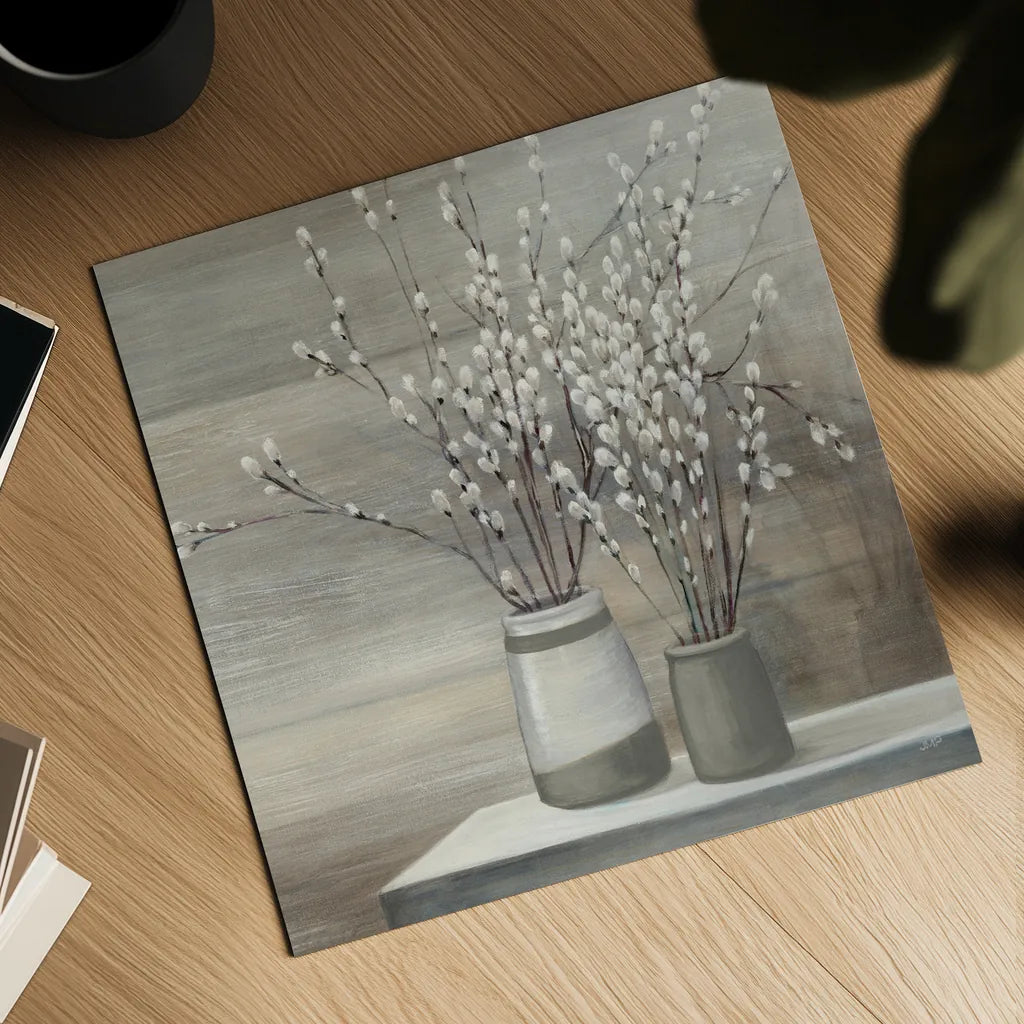 Pussy Willow Still Life Gray Pots Crop by Julia Purinton. Shown as a detailed flat fine art print, highlighting archival giclee quality. Available as an archival giclee rolled canvas, fine art paper, or poster print. SKU 35716a.