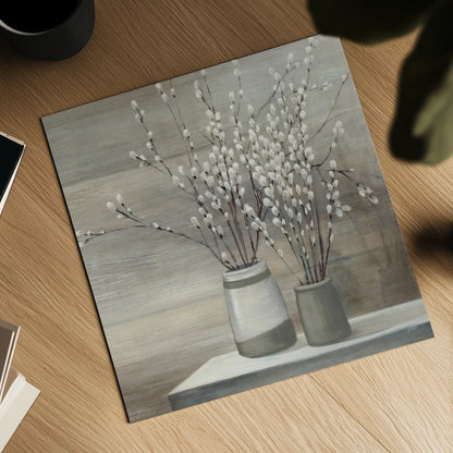 Pussy Willow Still Life Gray Pots Crop by Julia Purinton. Shown as a detailed flat fine art print, highlighting archival giclee quality. Available as an archival giclee rolled canvas, fine art paper, or poster print. SKU 35716a.
