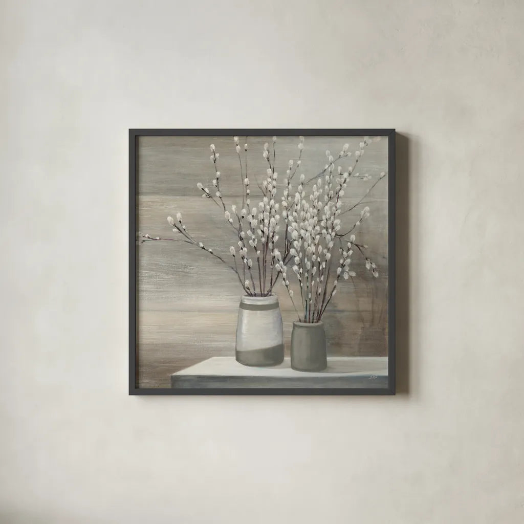 Pussy Willow Still Life Gray Pots Crop by Julia Purinton. Shown in a sleek black glass frame for a contemporary gallery look. Available as an archival giclee rolled canvas, fine art paper, or poster print. SKU 35716a.
