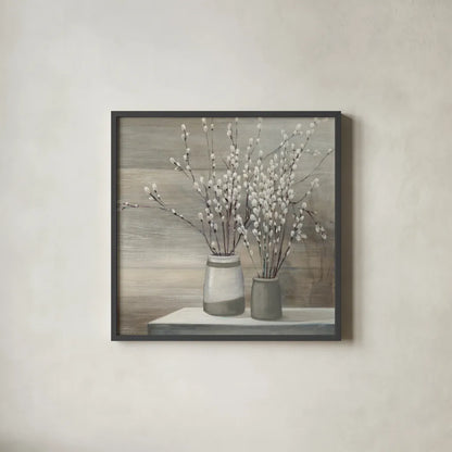 Pussy Willow Still Life Gray Pots Crop by Julia Purinton. Shown in a sleek black glass frame for a contemporary gallery look. Available as an archival giclee rolled canvas, fine art paper, or poster print. SKU 35716a.