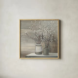 Pussy Willow Still Life Gray Pots Crop by Julia Purinton. Shown in a natural wood glass frame for a timeless modern aesthetic. Available as an archival giclee rolled canvas, fine art paper, or poster print. SKU 35716a.