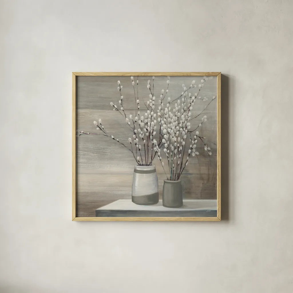 Pussy Willow Still Life Gray Pots Crop by Julia Purinton. Shown in a natural wood glass frame for a timeless modern aesthetic. Available as an archival giclee rolled canvas, fine art paper, or poster print. SKU 35716a.
