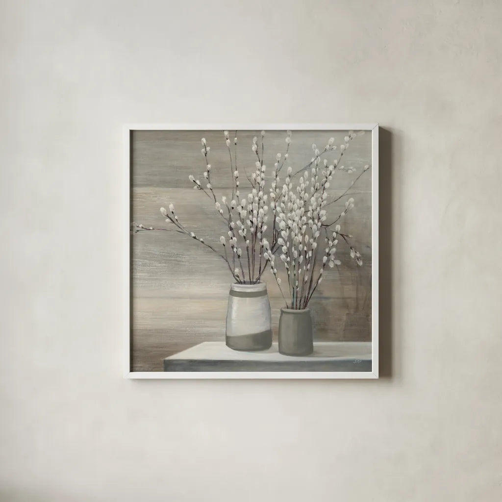 Pussy Willow Still Life Gray Pots Crop by Julia Purinton. Shown in a crisp white glass frame for a clean and minimalist style. Available as an archival giclee rolled canvas, fine art paper, or poster print. SKU 35716a.