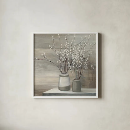 Pussy Willow Still Life Gray Pots Crop by Julia Purinton. Shown in a crisp white glass frame for a clean and minimalist style. Available as an archival giclee rolled canvas, fine art paper, or poster print. SKU 35716a.