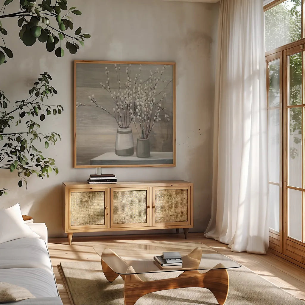 Pussy Willow Still Life Gray Pots Crop by Julia Purinton. Shown in a natural wood frame in a cozy modern living room. Available as an archival giclee rolled canvas, fine art paper, or poster print. SKU 35716a.