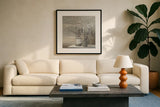 Pussy Willow Still Life Gray Pots Crop by Julia Purinton. Displayed in a glass frame with matte in a clean modern living room. Available as an archival giclee rolled canvas, fine art paper, or poster print. SKU 35716a.