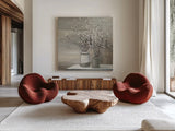 Pussy Willow Still Life Gray Pots Crop by Julia Purinton. Shown as extra-large giant wall art in a modern living room. Available as an archival giclee rolled canvas, fine art paper, or poster print. SKU 35716a.