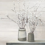 Pussy Willow Still Life Gray Pots Shiplap by Julia Purinton. SKU 36128a. Archival Giclee Fine art print for wall decor.