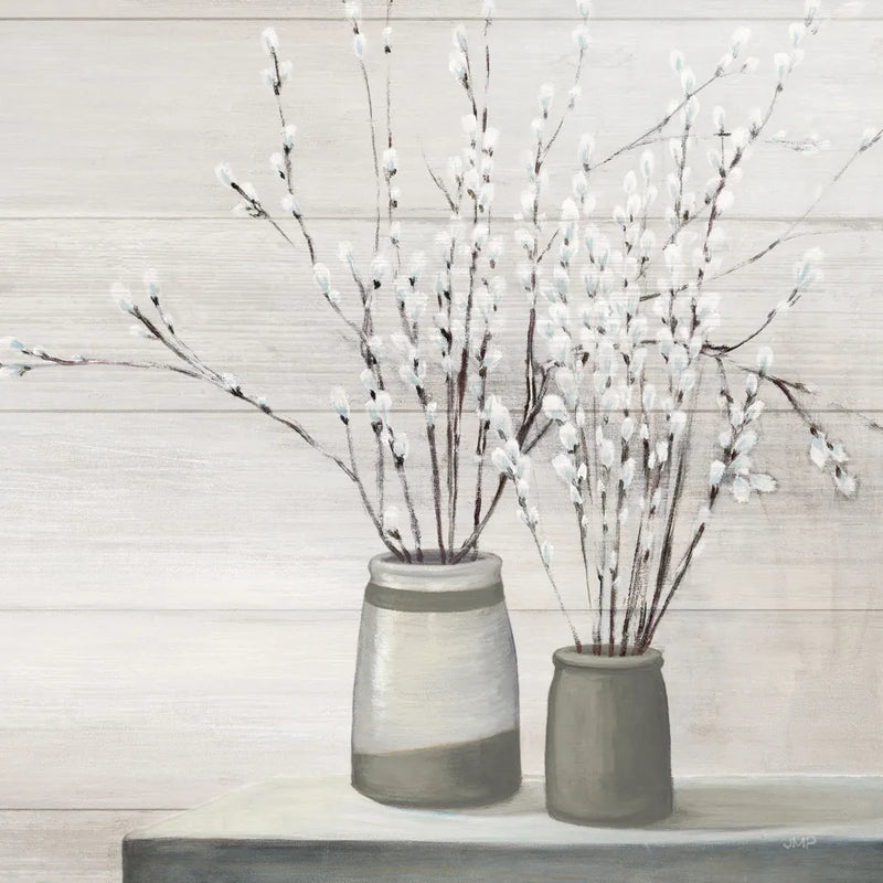 Pussy Willow Still Life Gray Pots Shiplap by Julia Purinton. SKU 36128a. Archival Giclee Fine art print for wall decor.
