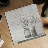 Pussy Willow Still Life Gray Pots Shiplap by Julia Purinton. Shown as a detailed flat fine art print, highlighting archival giclee quality. Available as an archival giclee rolled canvas, fine art paper, or poster print. SKU 36128a.