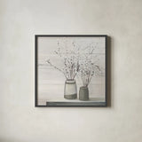 Pussy Willow Still Life Gray Pots Shiplap by Julia Purinton. Shown in a sleek black glass frame for a contemporary gallery look. Available as an archival giclee rolled canvas, fine art paper, or poster print. SKU 36128a.
