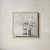Pussy Willow Still Life Gray Pots Shiplap by Julia Purinton. Shown in a natural wood glass frame for a timeless modern aesthetic. Available as an archival giclee rolled canvas, fine art paper, or poster print. SKU 36128a.