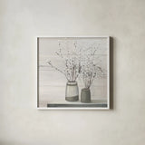 Pussy Willow Still Life Gray Pots Shiplap by Julia Purinton. Shown in a crisp white glass frame for a clean and minimalist style. Available as an archival giclee rolled canvas, fine art paper, or poster print. SKU 36128a.