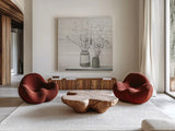 Pussy Willow Still Life Gray Pots Shiplap by Julia Purinton. Shown as extra-large giant wall art in a modern living room. Available as an archival giclee rolled canvas, fine art paper, or poster print. SKU 36128a.