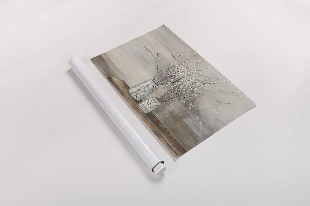 Pussy Willow Still Life with Designs by Julia Purinton. shown as a rolled paper print. Available as archival giclee rolled canvas, fine art paper, or poster print. SKU 57998i.