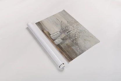 Pussy Willow Still Life with Designs by Julia Purinton. shown as a rolled paper print. Available as archival giclee rolled canvas, fine art paper, or poster print. SKU 57998i.