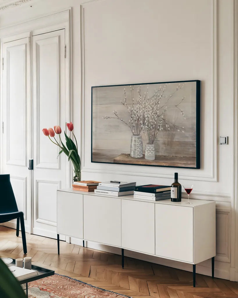 Pussy Willow Still Life with Designs by Julia Purinton. shown as a framed stretched canvas in a living room above a console. Available as a archival giclee rolled canvas, fine art paper, or poster print. SKU 57998i.