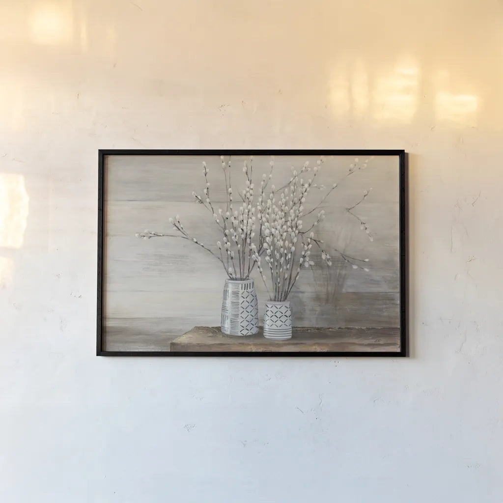 Pussy Willow Still Life with Designs by Julia Purinton. shown as a paper print in a black flame. Available as a archival giclee rolled canvas, fine art paper, or poster print. SKU 57998i.