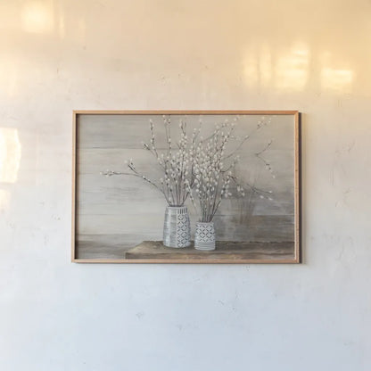 Pussy Willow Still Life with Designs by Julia Purinton. shown as a paper print in a natural frame. Available as a archival giclee rolled canvas, fine art paper, or poster print. SKU 57998i.