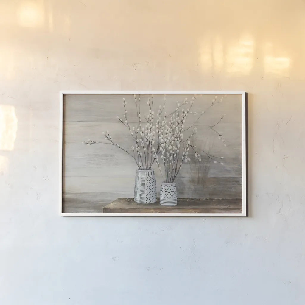 Pussy Willow Still Life with Designs by Julia Purinton. shown as a paper print in a white frame. Available as a archival giclee rolled canvas, fine art paper, or poster print. SKU 57998i.