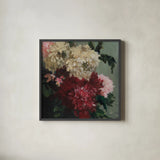 Quiet Blooms by Julia Purinton. Shown in a sleek black glass frame for a contemporary gallery look. Available as an archival giclee rolled canvas, fine art paper, or poster print. SKU 103378a.