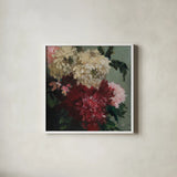Quiet Blooms by Julia Purinton. Shown in a crisp white glass frame for a clean and minimalist style. Available as an archival giclee rolled canvas, fine art paper, or poster print. SKU 103378a.