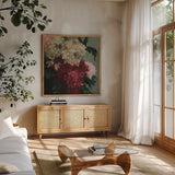 Quiet Blooms by Julia Purinton. Shown in a natural wood frame in a cozy modern living room. Available as an archival giclee rolled canvas, fine art paper, or poster print. SKU 103378a.