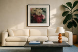 Quiet Blooms by Julia Purinton. Displayed in a glass frame with matte in a clean modern living room. Available as an archival giclee rolled canvas, fine art paper, or poster print. SKU 103378a.
