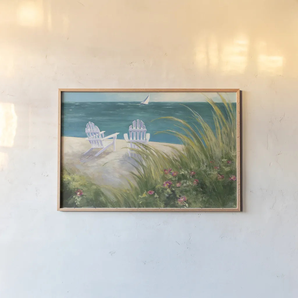 Regatta I by Julia Purinton. shown as a paper print in a natural frame. Available as a archival giclee rolled canvas, fine art paper, or poster print. SKU 12505i.