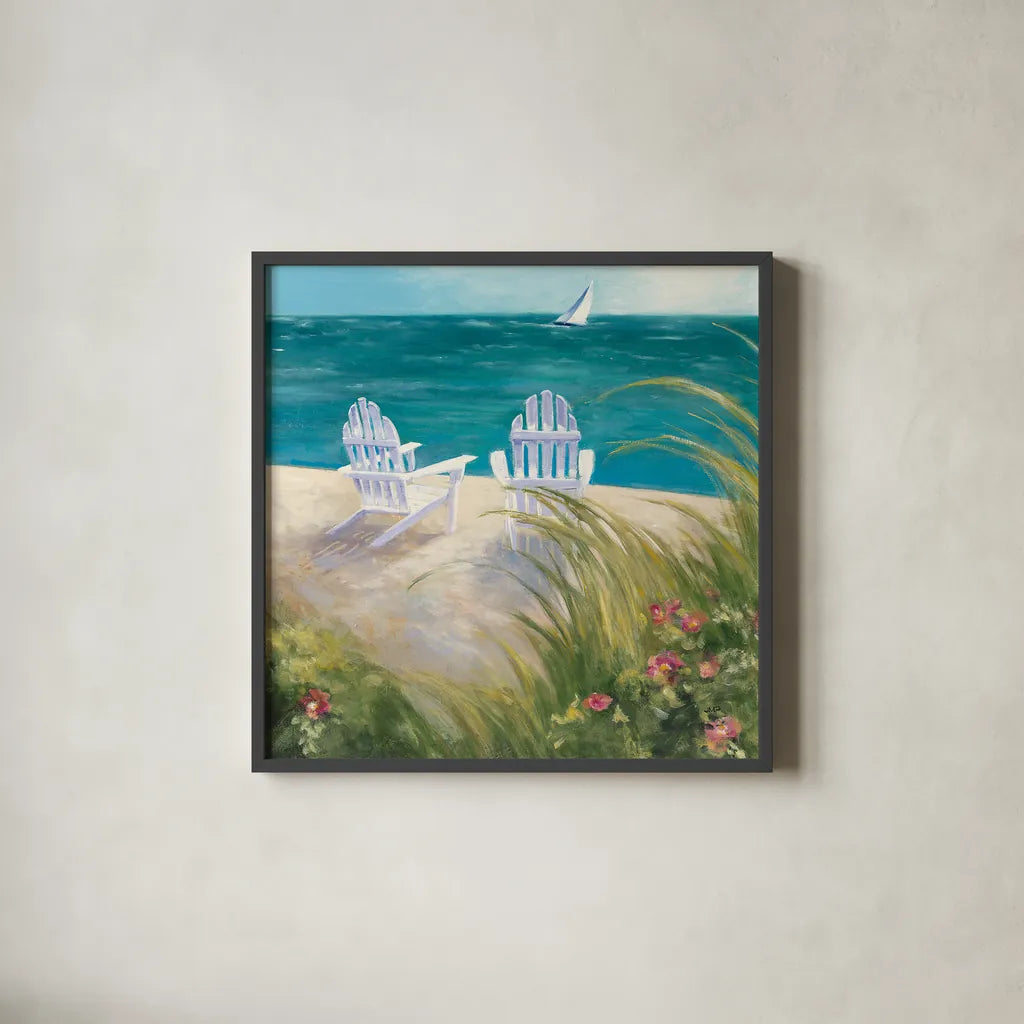 Regatta I Square by Julia Purinton. Shown in a sleek black glass frame for a contemporary gallery look. Available as an archival giclee rolled canvas, fine art paper, or poster print. SKU 12505a.