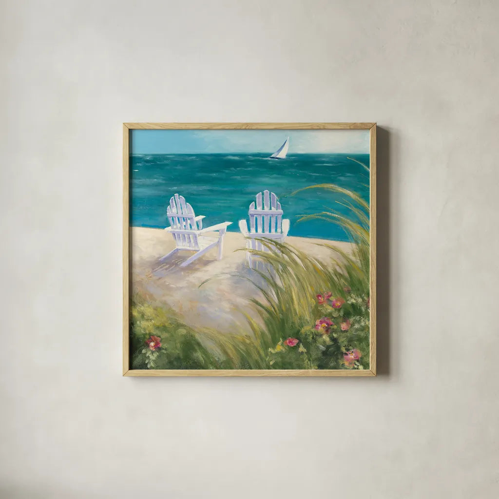 Regatta I Square by Julia Purinton. Shown in a natural wood glass frame for a timeless modern aesthetic. Available as an archival giclee rolled canvas, fine art paper, or poster print. SKU 12505a.