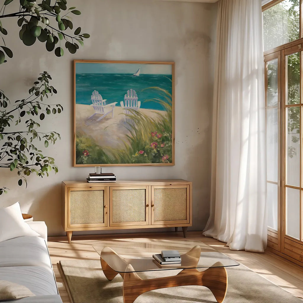 Regatta I Square by Julia Purinton. Shown in a natural wood frame in a cozy modern living room. Available as an archival giclee rolled canvas, fine art paper, or poster print. SKU 12505a.