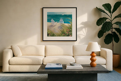 Regatta I Square by Julia Purinton. Displayed in a glass frame with matte in a clean modern living room. Available as an archival giclee rolled canvas, fine art paper, or poster print. SKU 12505a.