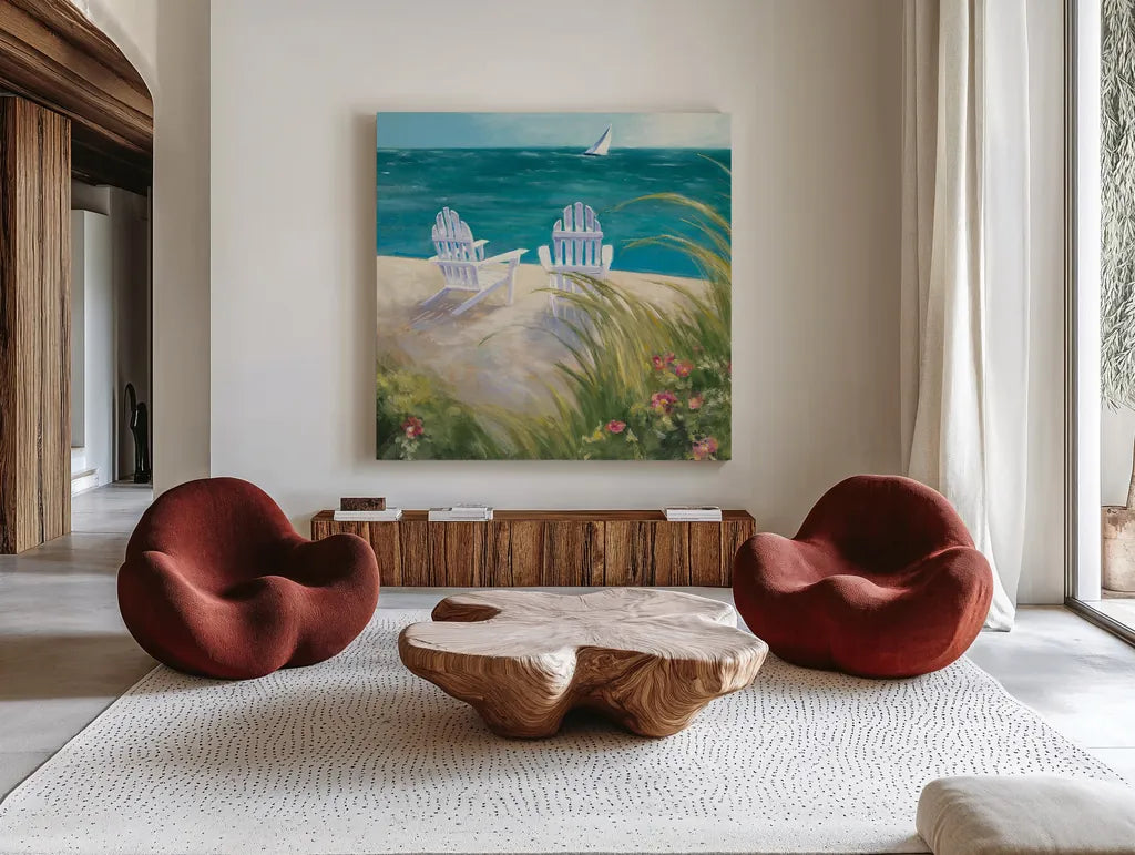 Regatta I Square by Julia Purinton. Shown as extra-large giant wall art in a modern living room. Available as an archival giclee rolled canvas, fine art paper, or poster print. SKU 12505a.