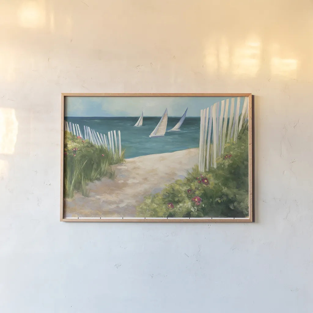 Regatta II by Julia Purinton. shown as a paper print in a natural frame. Available as a archival giclee rolled canvas, fine art paper, or poster print. SKU 12506i.