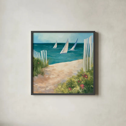 Regatta II Square by Julia Purinton. Shown in a sleek black glass frame for a contemporary gallery look. Available as an archival giclee rolled canvas, fine art paper, or poster print. SKU 12506a.