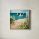 Regatta II Square by Julia Purinton. Shown in a natural wood glass frame for a timeless modern aesthetic. Available as an archival giclee rolled canvas, fine art paper, or poster print. SKU 12506a.