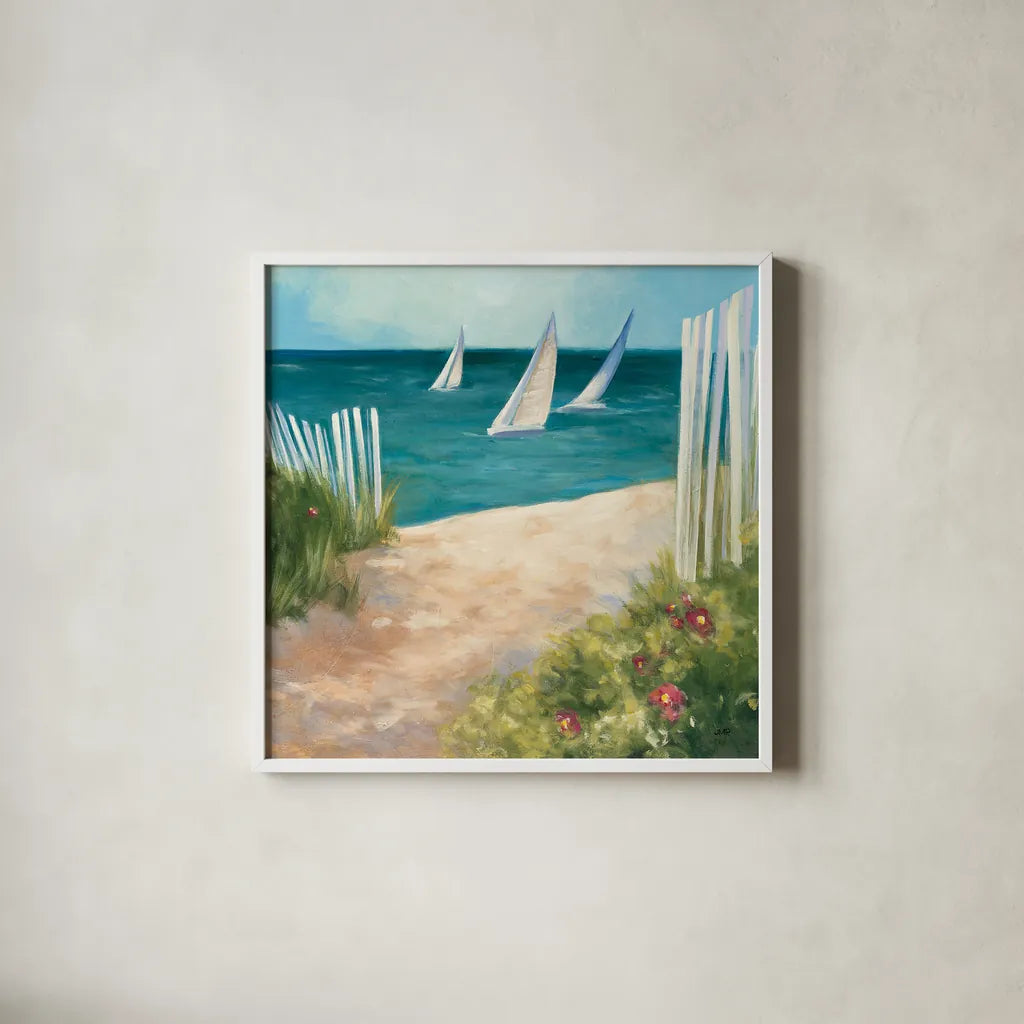 Regatta II Square by Julia Purinton. Shown in a crisp white glass frame for a clean and minimalist style. Available as an archival giclee rolled canvas, fine art paper, or poster print. SKU 12506a.