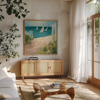 Regatta II Square by Julia Purinton. Shown in a natural wood frame in a cozy modern living room. Available as an archival giclee rolled canvas, fine art paper, or poster print. SKU 12506a.