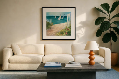 Regatta II Square by Julia Purinton. Displayed in a glass frame with matte in a clean modern living room. Available as an archival giclee rolled canvas, fine art paper, or poster print. SKU 12506a.