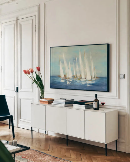 Regatta Sail by Julia Purinton. shown as a framed stretched canvas in a living room above a console. Available as a archival giclee rolled canvas, fine art paper, or poster print. SKU 73872i.