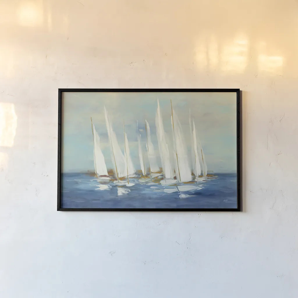 Regatta Sail by Julia Purinton. shown as a paper print in a black flame. Available as a archival giclee rolled canvas, fine art paper, or poster print. SKU 73872i.