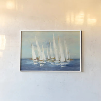 Regatta Sail by Julia Purinton. shown as a paper print in a white frame. Available as a archival giclee rolled canvas, fine art paper, or poster print. SKU 73872i.
