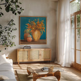 Richness of Life I by Julia Purinton. Shown in a natural wood frame in a cozy modern living room. Available as an archival giclee rolled canvas, fine art paper, or poster print. SKU 81169a.