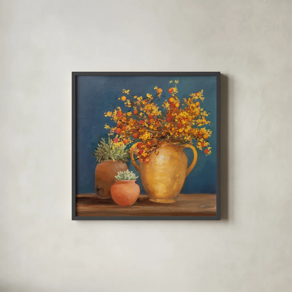 Richness of Life I Deep Blue by Julia Purinton. Shown in a sleek black glass frame for a contemporary gallery look. Available as an archival giclee rolled canvas, fine art paper, or poster print. SKU 81857a.