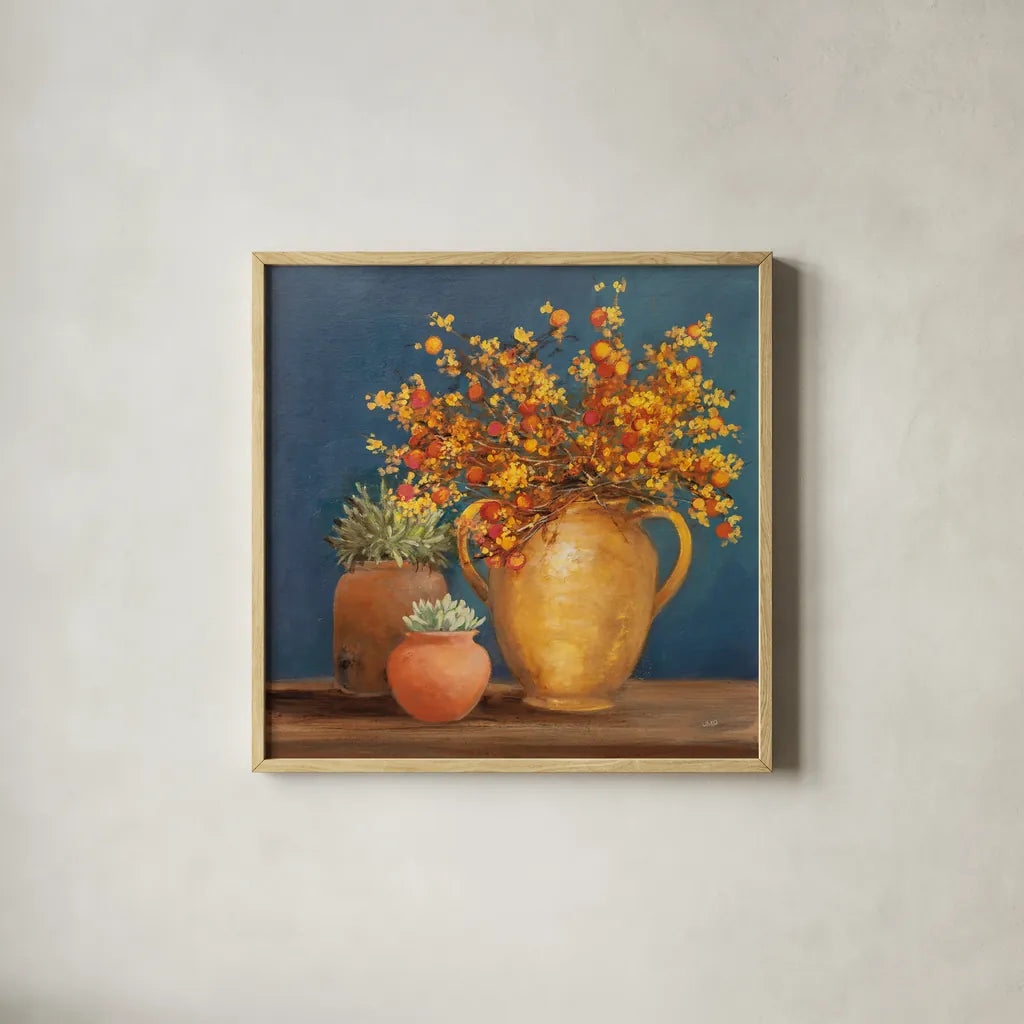 Richness of Life I Deep Blue by Julia Purinton. Shown in a natural wood glass frame for a timeless modern aesthetic. Available as an archival giclee rolled canvas, fine art paper, or poster print. SKU 81857a.