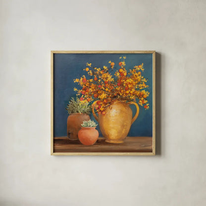 Richness of Life I Deep Blue by Julia Purinton. Shown in a natural wood glass frame for a timeless modern aesthetic. Available as an archival giclee rolled canvas, fine art paper, or poster print. SKU 81857a.