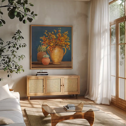 Richness of Life I Deep Blue by Julia Purinton. Shown in a natural wood frame in a cozy modern living room. Available as an archival giclee rolled canvas, fine art paper, or poster print. SKU 81857a.