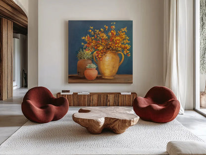 Richness of Life I Deep Blue by Julia Purinton. Shown as extra-large giant wall art in a modern living room. Available as an archival giclee rolled canvas, fine art paper, or poster print. SKU 81857a.