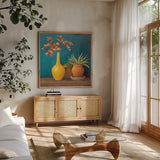 Richness of Life II by Julia Purinton. Shown in a natural wood frame in a cozy modern living room. Available as an archival giclee rolled canvas, fine art paper, or poster print. SKU 81170a.